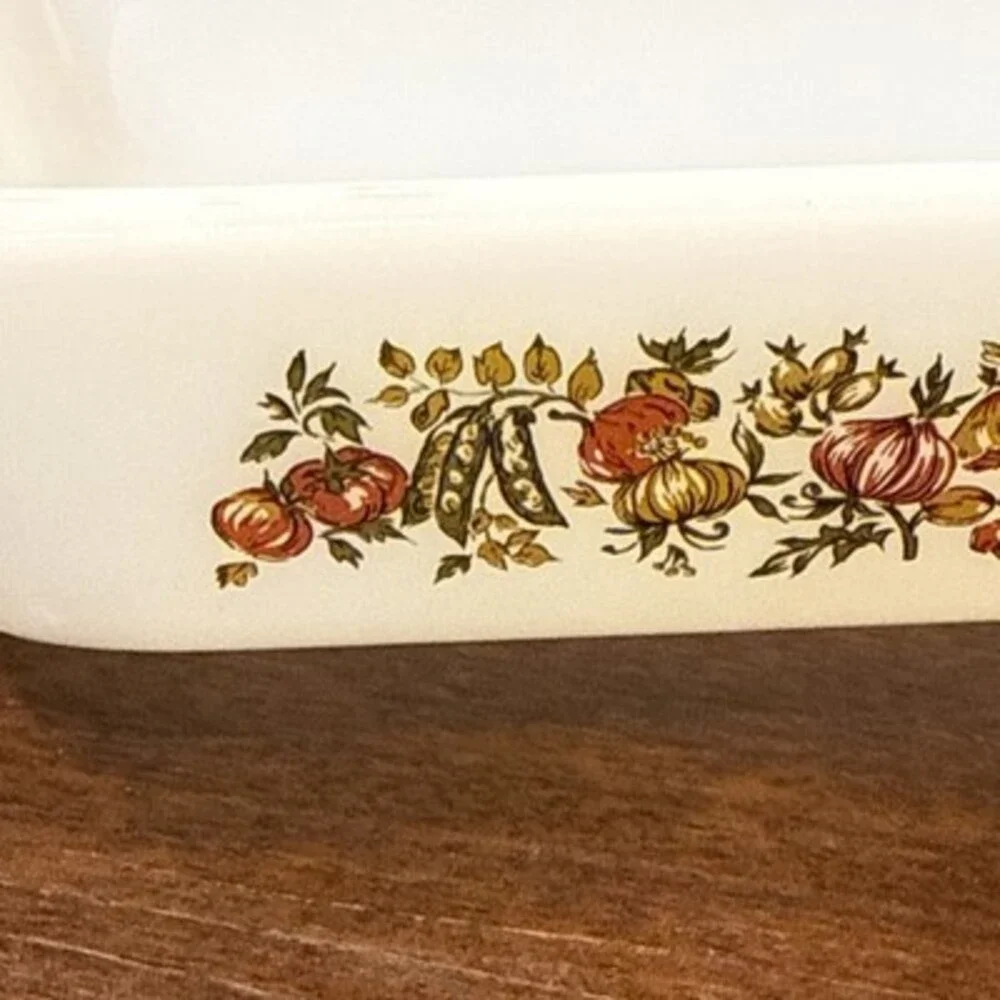 Vintage Anchor Hocking 441 Loaf Pan Baking Dish Vegetable Harvest Pattern 5x9